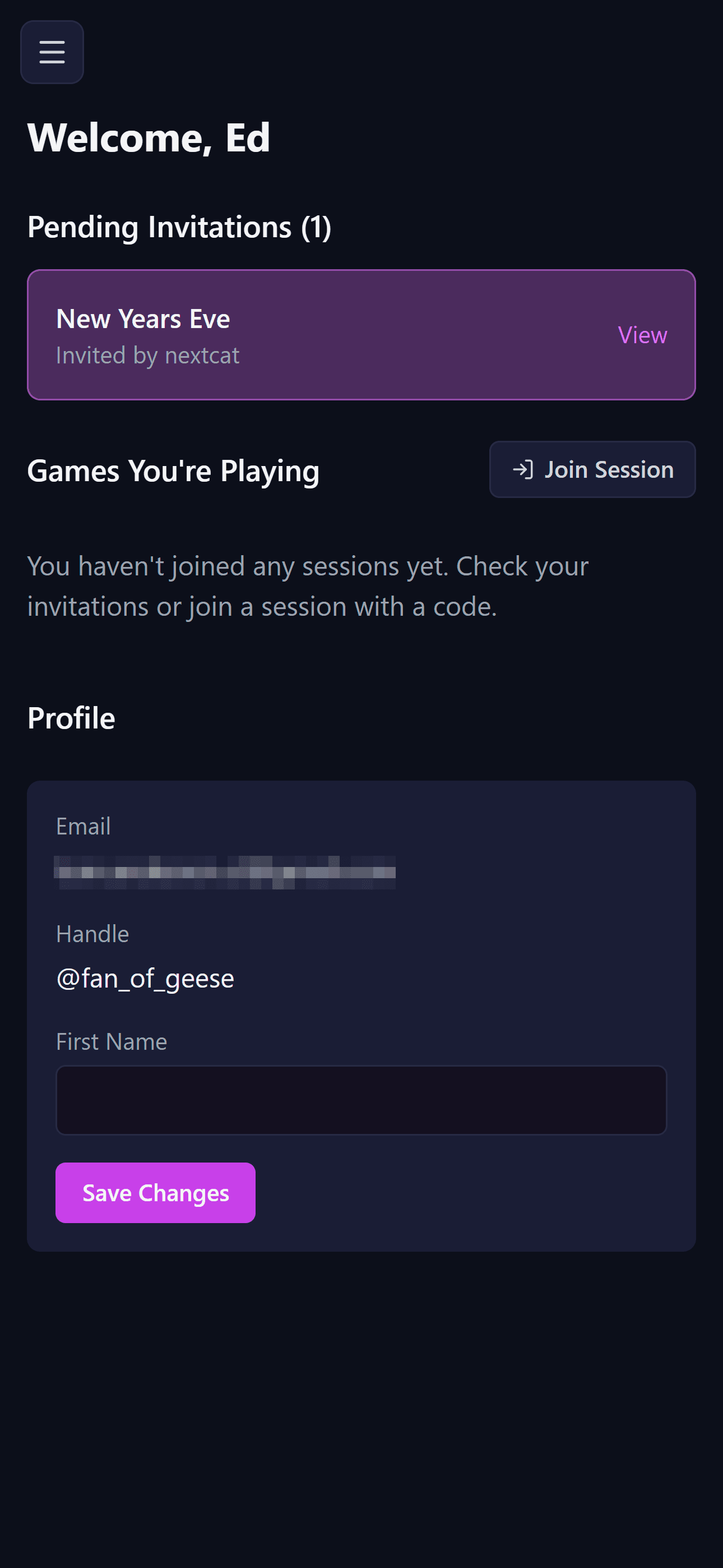 Your dashboard — pending invitations, active games, and your profile all in one place.